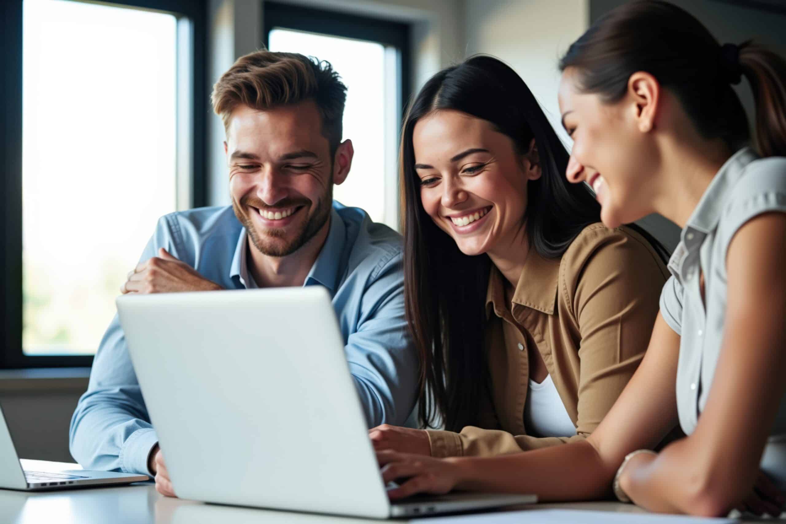 Diverse Group of Young Professionals Collaborating on a Laptop in Modern Office Setting, Showcasing Teamwork, Innovation, and Creativity in Business